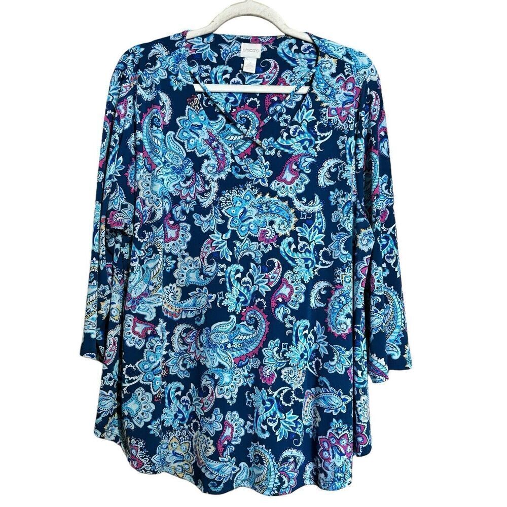 Chicos Tunic Top Womens XL Multicolor Paisley Stretch Slub Blouse